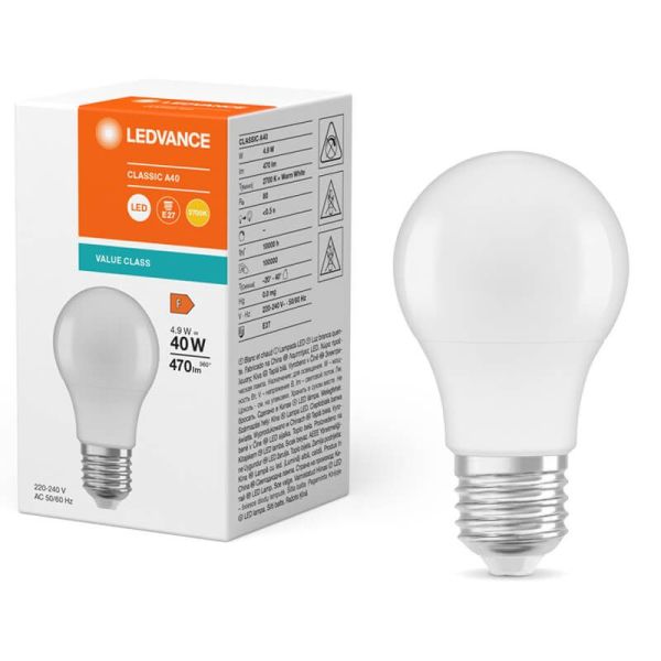 Lâmpada Led E27 A60 4.9W Substituição 40W 470Lm Classe de Valor Clássica A40 FR LedVance | LeonLeds