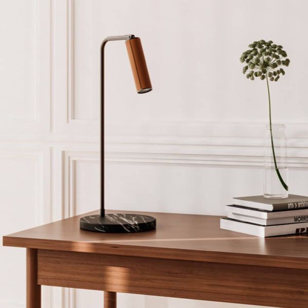 Lampe de table LED TURA dimmable, acier et marbre finition marron