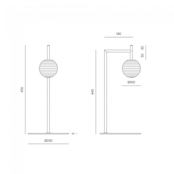 Candeeiro de mesa LED DOUL regulável com medidas do produto com acabamento em vidro e metal dourado