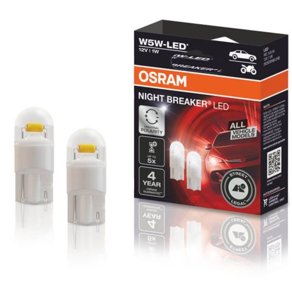 Bombillas LED T10 Homologada para todos los Vehículos 5.800K 12V 1W (2Uds) Night Breaker LED All Model W5W 2825DWNB-2HFB