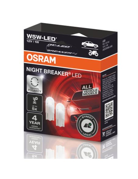 Ampoules LED T10 approuvées pour tous les véhicules 5 800 K 12 V 1 W (2 unités) Night Breaker LED Tous les modèles W5W 2825DWNBC