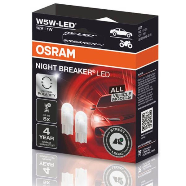 Bombillas LED T10 Homologada para todos los Vehículos 5.800K 12V 1W (2Uds) Night Breaker LED All Model W5W 2825DWNB-2HFB