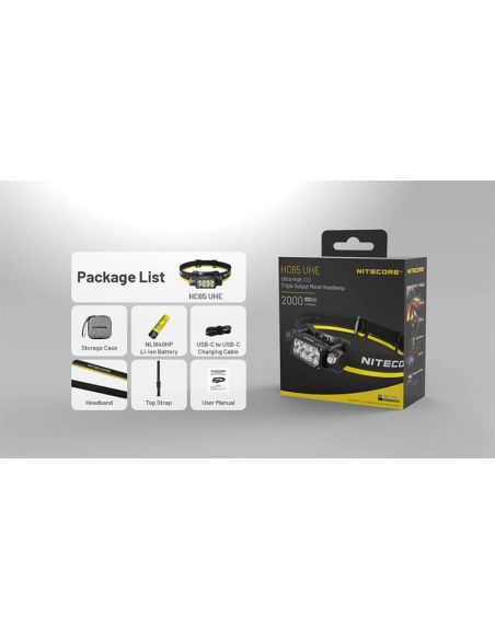 Caja Linterna Frontal LED muy potente HC65 UHE 2.000Lm con Luz Roja y 8 Leds de alta potencia Nitecore