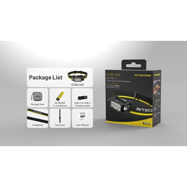 Caja Linterna Frontal LED muy potente HC65 UHE 2.000Lm con Luz Roja y 8 Leds de alta potencia Nitecore
