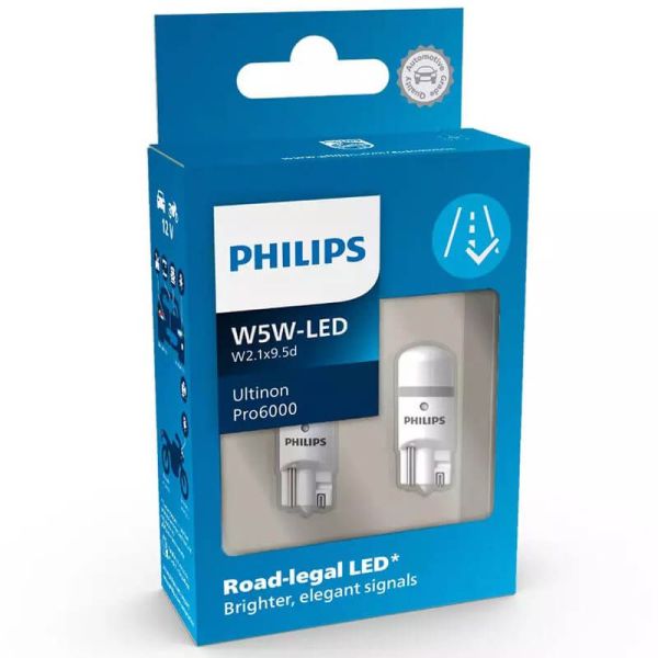 Lâmpadas LED T10 W5W aprovadas pela Philips 6000K 12V 1W (2 unidades) Ultinon PRO6000 11961HU60X2 Philips | LeonLeds