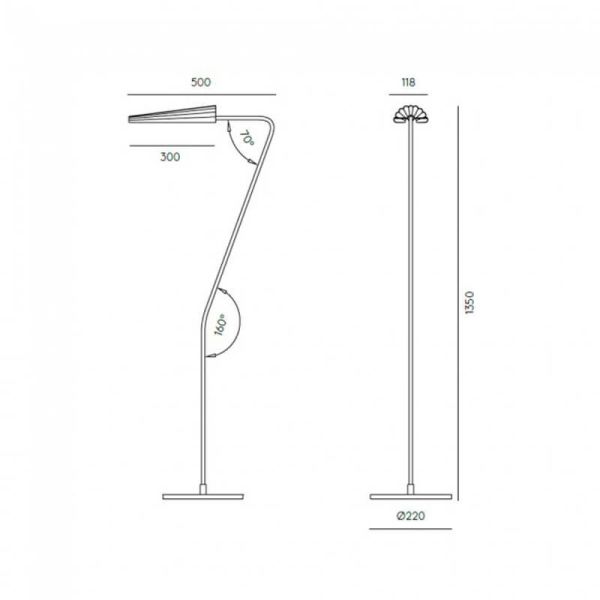 Candeeiro de pé BION LED regulável em metal e medições de produto em mármore preto