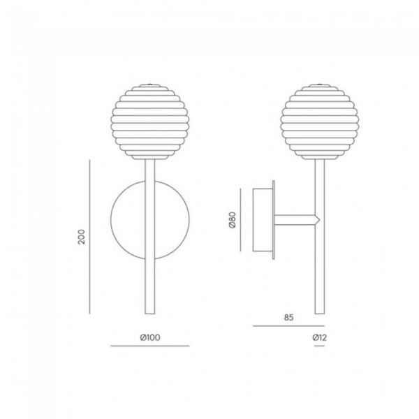 Applique LED DOUL avec abat-jour rond cannelé doré mesures du produit