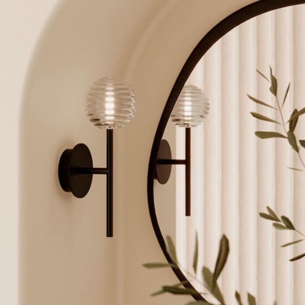 Applique LED DOUL avec abat-jour rond cannelé noir | LéonLeds