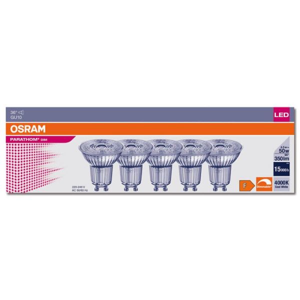 Pack 5 Bombillas LED GU10 regulables Equivalente a 50W - 4,5W Regulable | LeonLeds