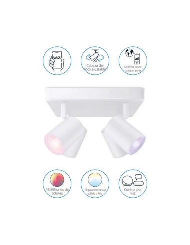 Plafón inteligente cuadrado de 4 focos ajustables Imageo blanco/negro IP20 Wifi, Control mediante aplicación o voz