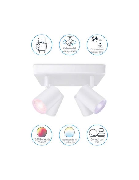 Plafón inteligente cuadrado de 4 focos ajustables Imageo blanco/negro IP20 Wifi, Control mediante aplicación o voz