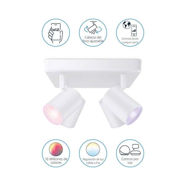 Plafón inteligente cuadrado de 4 focos ajustables Imageo blanco/negro IP20 Wifi, Control mediante aplicación o voz