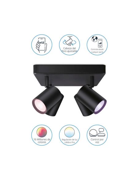 Plafón inteligente cuadrado de 4 focos ajustables Imageo blanco/negro IP20 Wifi, Control mediante aplicación o voz