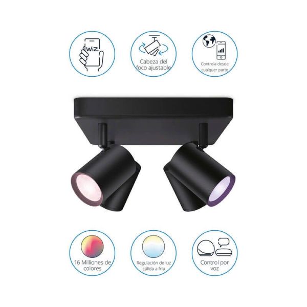 Plafonnier intelligent carré avec 4 spots orientables Imageo blanc/noir IP20 Wifi, Contrôle par application ou voix