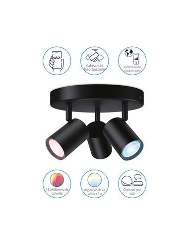 Plafonnier rond avec 3 spots polychromes orientables Imageo blanc/noir v Ø21 cm IP20 Wifi