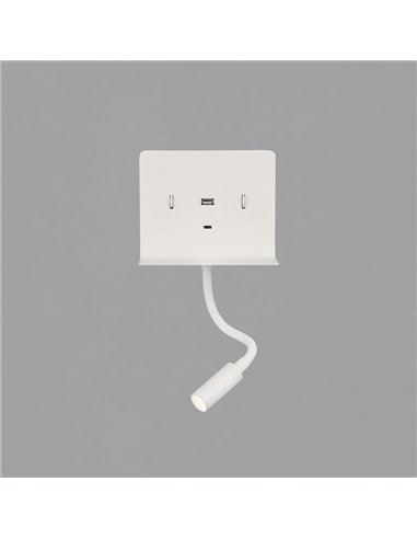 Aplique LED con soporte y USB/USC, CALMA Blanco texturado, 6W 3000K 630lm + 3W 3000K 285lm, CRI90 CL.I, Dos interruptores, Orien