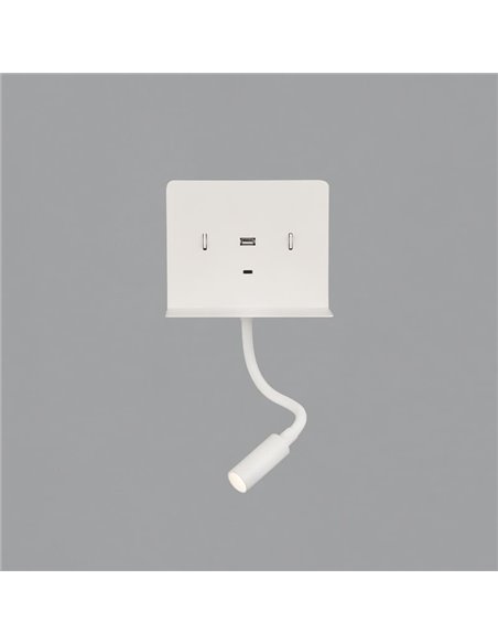 Aplique LED con soporte y USB/USC, CALMA Blanco texturado, 6W 3000K 630lm + 3W 3000K 285lm, CRI90 CL.I, Dos interruptores, Orien