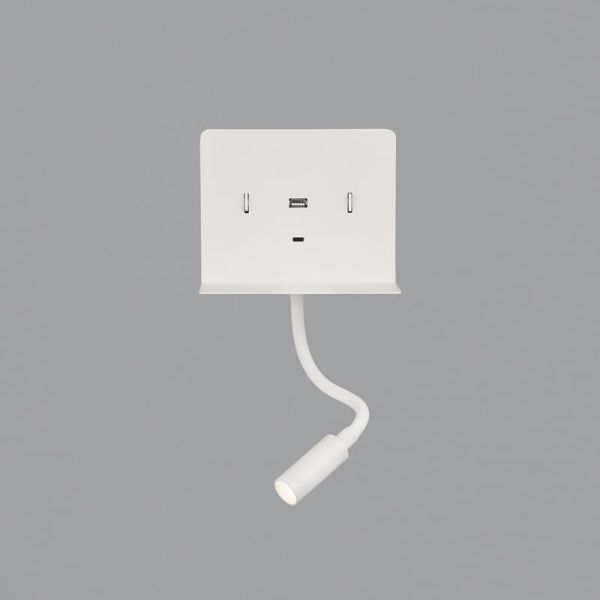 Aplique LED con soporte y USB/USC, CALMA Blanco texturado, 6W 3000K 630lm + 3W 3000K 285lm, CRI90 CL.I, Dos interruptores, Orien