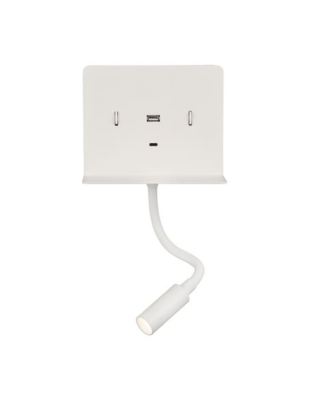 Aplique LED con soporte y USB/USC, CALMA Blanco texturado, 6W 3000K 630lm + 3W 3000K 285lm, CRI90 CL.I, Dos interruptores, Orien