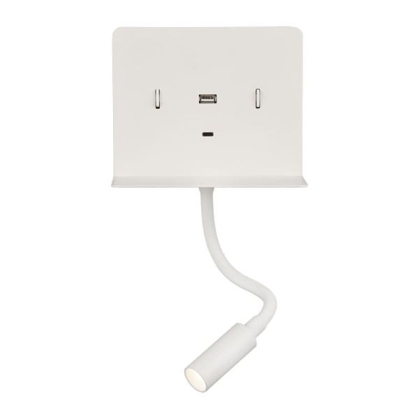 Aplique LED con soporte y USB/USC, CALMA Blanco texturado, 6W 3000K 630lm + 3W 3000K 285lm, CRI90 CL.I, Dos interruptores, Orien