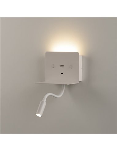 Aplique LED con soporte y USB/USC, CALMA Blanco texturado, 6W 3000K 630lm + 3W 3000K 285lm, CRI90 CL.I, Dos interruptores, Orien
