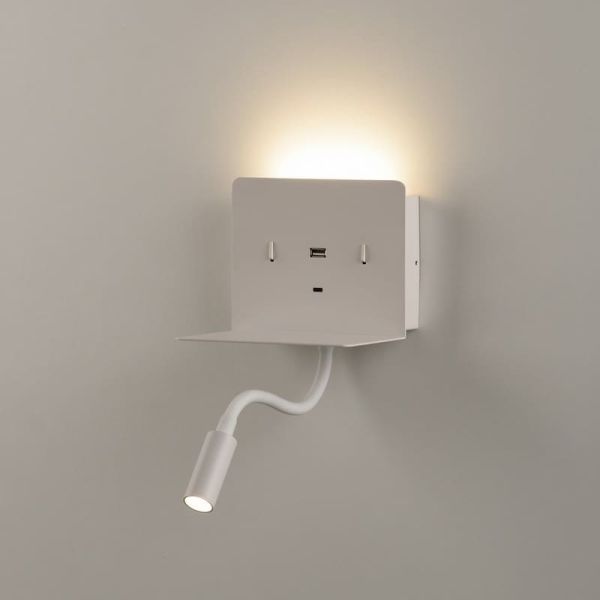 Aplique LED con soporte y USB/USC, CALMA Blanco texturado, 6W 3000K 630lm + 3W 3000K 285lm, CRI90 CL.I, Dos interruptores, Orien
