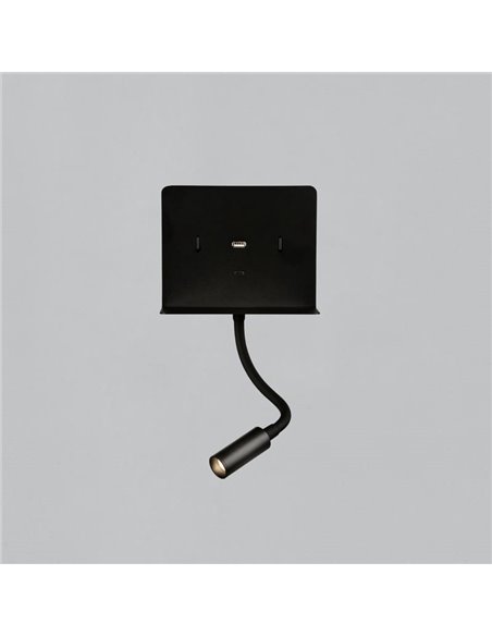 Aplique lector LED con soporte y USB/USC, CALMA Negro texturado, 6W 3000K 630lm + 3W 3000K 285lm, CRI90 CL.I, Dos interruptores,