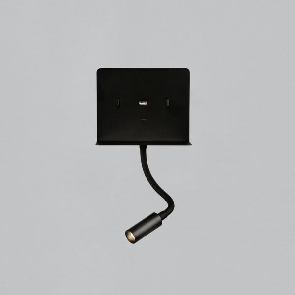 Aplique lector LED con soporte y USB/USC, CALMA Negro texturado, 6W 3000K 630lm + 3W 3000K 285lm, CRI90 CL.I, Dos interruptores,