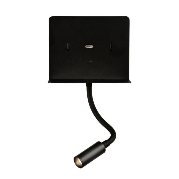 Aplique lector LED con soporte y USB/USC, CALMA Negro texturado, 6W 3000K 630lm + 3W 3000K 285lm, CRI90 CL.I, Dos interruptores,