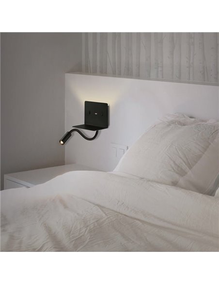 Aplique lector LED con soporte y USB/USC, CALMA Negro texturado, 6W 3000K 630lm + 3W 3000K 285lm, CRI90 CL.I, Dos interruptores,