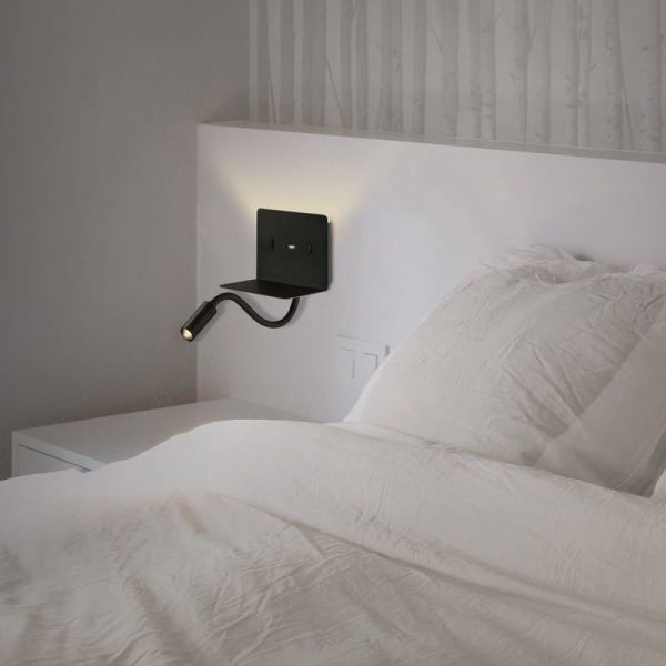 Aplique lector LED con soporte y USB/USC, CALMA Negro texturado, 6W 3000K 630lm + 3W 3000K 285lm, CRI90 CL.I, Dos interruptores,