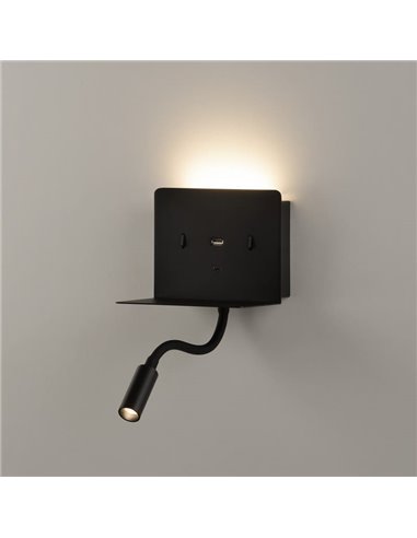 Aplique leitor LED com suporte e USB/USC, CALMA Preto Texturizado, 6W 3000K 630lm + 3W 3000K 285lm, CRI90 CL.I, Dois interruptor