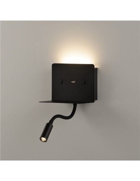 Aplique lector LED con soporte y USB/USC, CALMA Negro texturado, 6W 3000K 630lm + 3W 3000K 285lm, CRI90 CL.I, Dos interruptores,