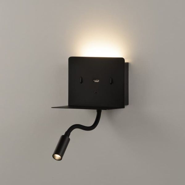 Aplique lector LED con soporte y USB/USC, CALMA Negro texturado, 6W 3000K 630lm + 3W 3000K 285lm, CRI90 CL.I, Dos interruptores,