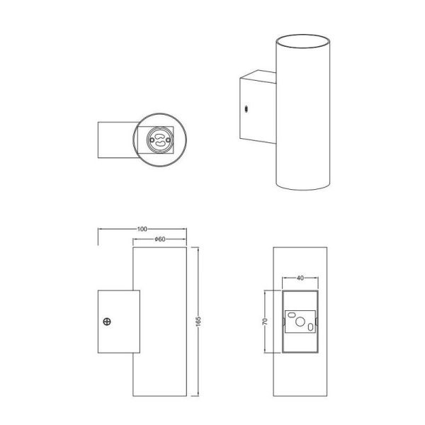 Applique murale cylindrique CLEO, lumière haut-bas, couleur or, mesures du produit