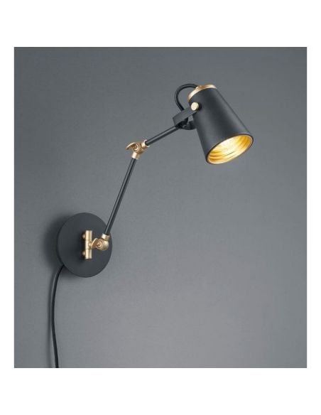 Aplique ou aplique flexível EDWARD giratório em preto fosco/dourado em uma parede