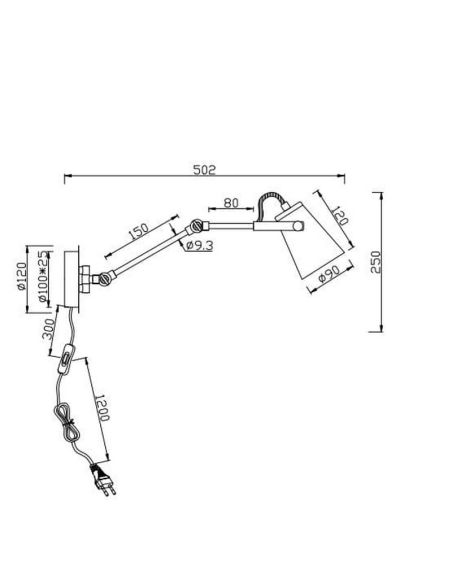 Parede pivotante EDWARD ou luz flexível, preto fosco/dourado, medidas do produto