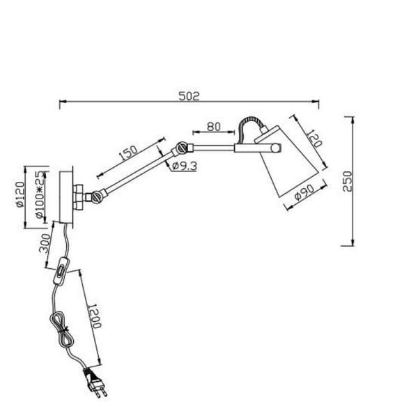 Applique murale pivotante ou lampe flexible EDWARD, couleur noir mat/or, mesures du produit