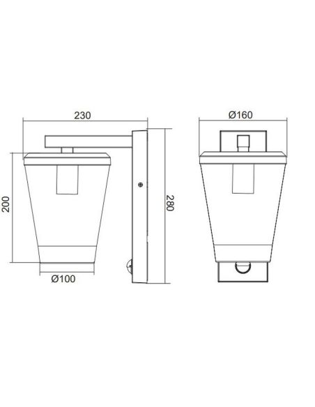 Medições do produto com sensor de movimento de luminária de parede externa CAVADO