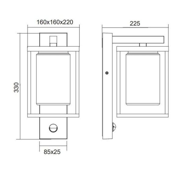 Dimensiones de Aplique de pared exterior LUNGA sensor de movimiento excl.1xE27 IP44 212069142