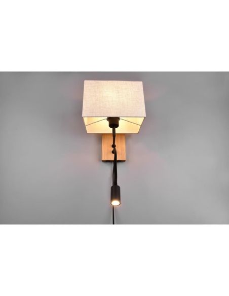 Aplique pared NILAM cuadrado madera-textil 2 luces detalle tulipa