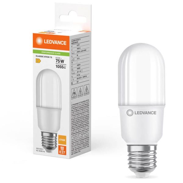 Bombilla LED E27 Alargada Stick Mate 9W Reemplazo 75W Performance Class Stick 75 FR no-dim LedVance | LeonLeds