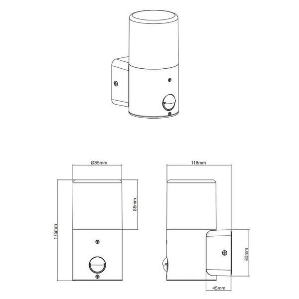 Aplique pared pequeño HOOSIC sensor movimiento antracita medidas producto