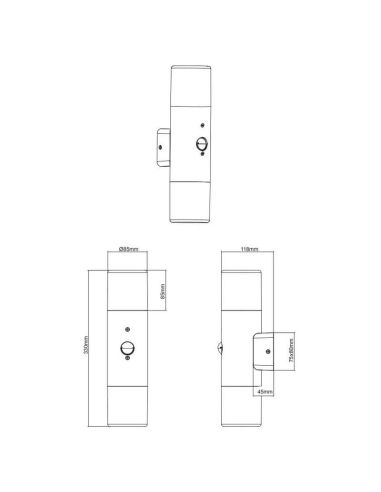 A luminária de parede HOOSIC 2 acende e diminui as medições do produto com sensor de movimento