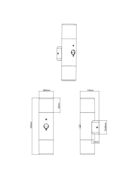 A luminária de parede HOOSIC 2 acende e diminui as medições do produto com sensor de movimento