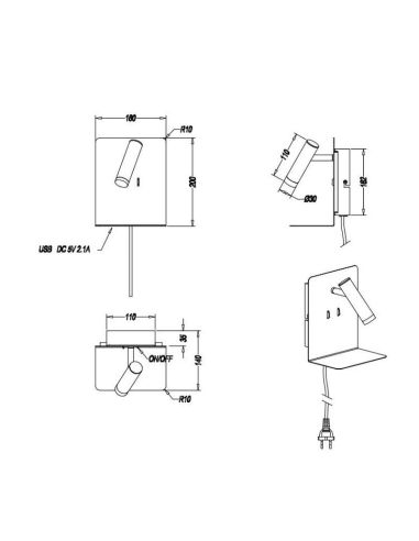 Aplique pared LED con base USB de carga 2 luces blanco medidas producto