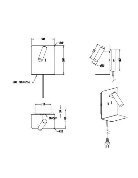 Applique murale LED avec base de chargement USB 2 lumières blanc mesures du produit