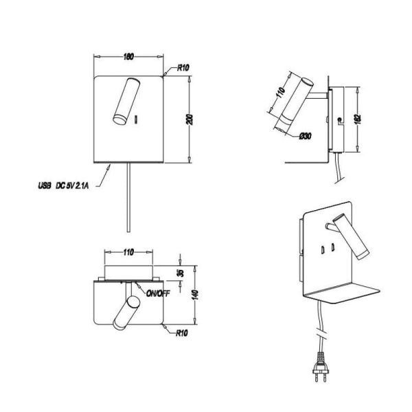 Applique murale LED avec base de chargement USB 2 lumières blanc mesures du produit