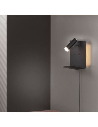 Aplique pared LED con base USB de carga 2 luces negro en una pared
