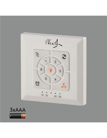 Control de pared con pilas Ventilador de techo: On/Off, Función Inversa, Regulador velocidad, Programacón y Viento natural